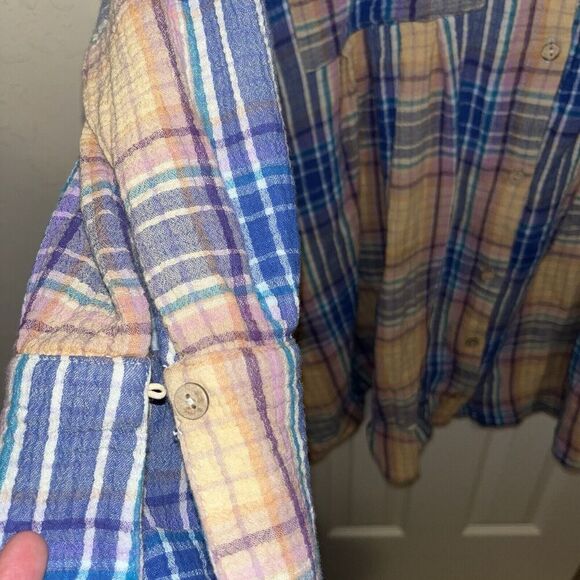 Free People (L) Voyage Shirtdress Plaid Gauzy textured in Sunrise Combo Pockets - Picture 8 of 16
